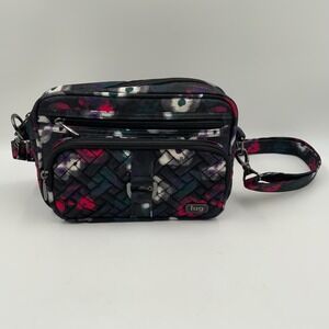Lug Carousel Crossbody Bag Floral Print Black Pink Purple Multi Color Adj. Strap